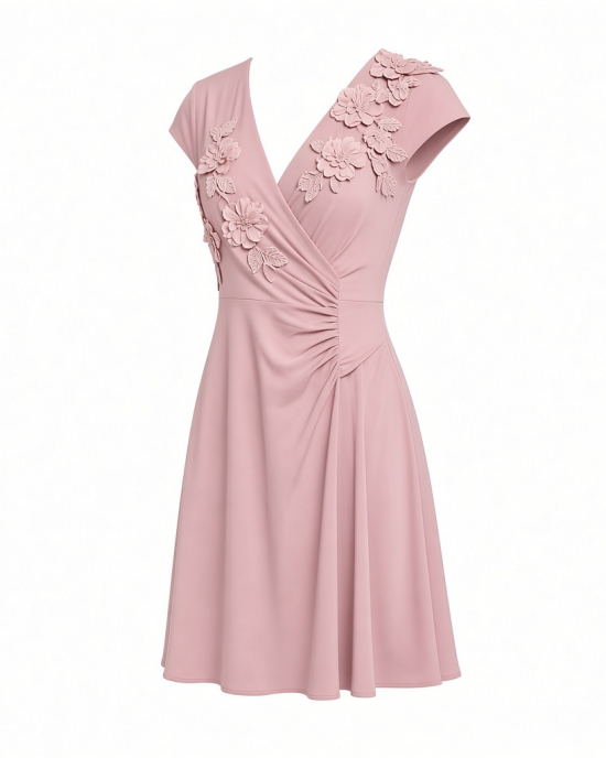 Adrianna Papell Women's Knit Crepe Short Dress, Short Cocktail Dress with 3D Floral Accents & Surplice Bodice