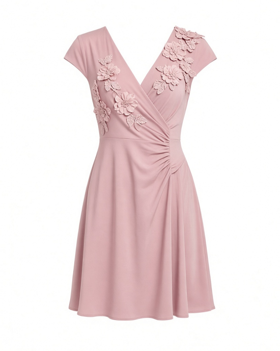 Adrianna Papell Women's Knit Crepe Short Dress, Short Cocktail Dress with 3D Floral Accents & Surplice Bodice
