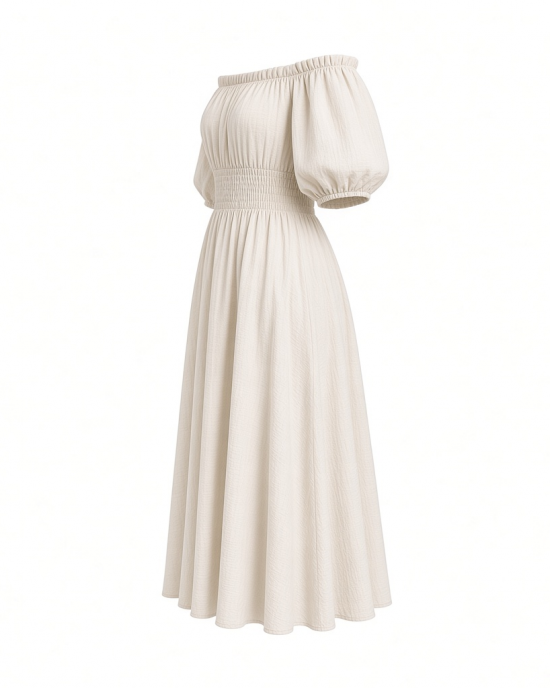 Vince Camuto Women's Off the Shoulder Puff Sleeve Smocked Waist Midi Dress