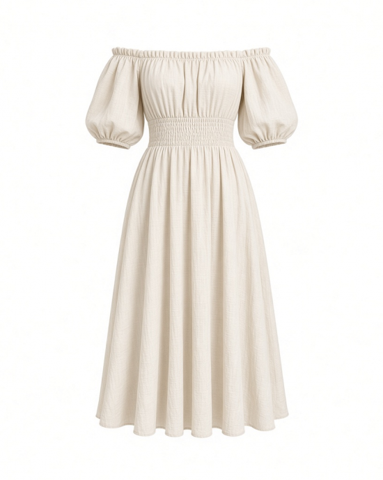 Vince Camuto Women's Off the Shoulder Puff Sleeve Smocked Waist Midi Dress