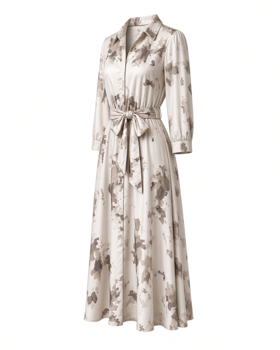 Karl Lagerfeld Women's Collared Printed Silky Crepe Belted Midi Dress