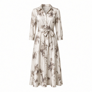 Karl Lagerfeld Women's Collared Printed Silky Crepe Belted Midi Dress