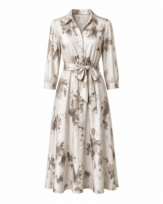 Karl Lagerfeld Women's Collared Printed Silky Crepe Belted Midi Dress
