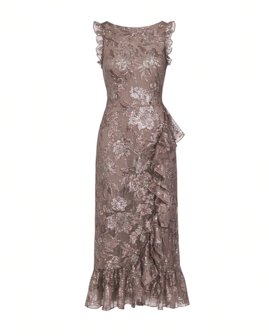 Adrianna Papell Sleeveless Glitter Floral Ruffle Midi Dress