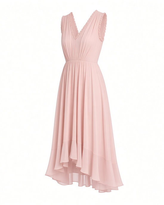DKNY Women's Sleeveless V-Neck Chiffon Neck Trim Flounce Hem Midi Dress