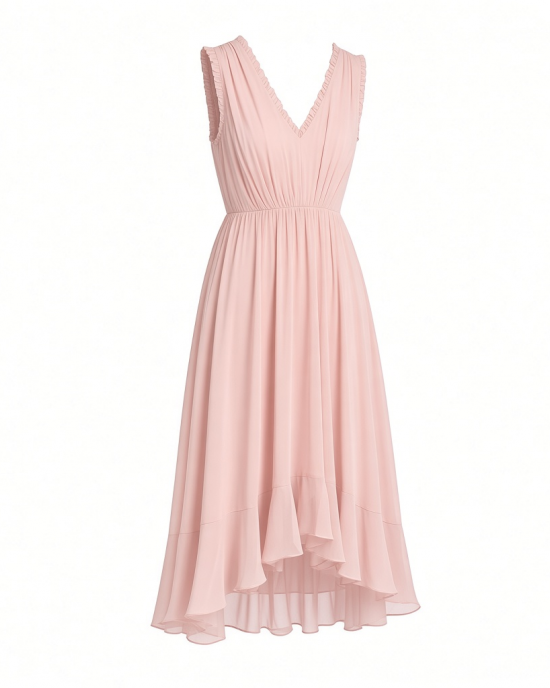 DKNY Women's Sleeveless V-Neck Chiffon Neck Trim Flounce Hem Midi Dress