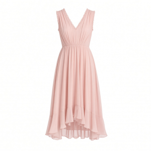 DKNY Women's Sleeveless V-Neck Chiffon Neck Trim Flounce Hem Midi Dress