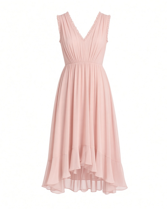 DKNY Women's Sleeveless V-Neck Chiffon Neck Trim Flounce Hem Midi Dress
