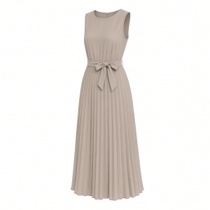 DKNY Women's Sleeveless Jewel Neck Pleated Midi Dress with Removable Belt