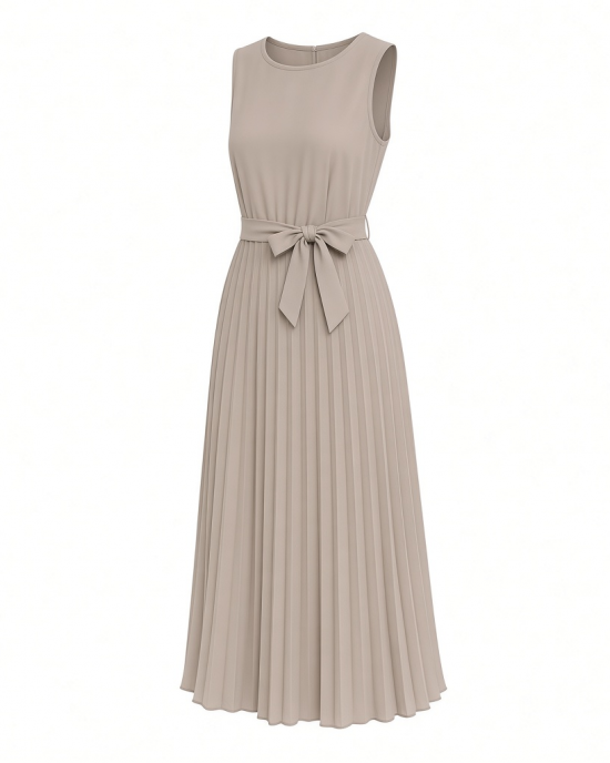 DKNY Women's Sleeveless Jewel Neck Pleated Midi Dress with Removable Belt