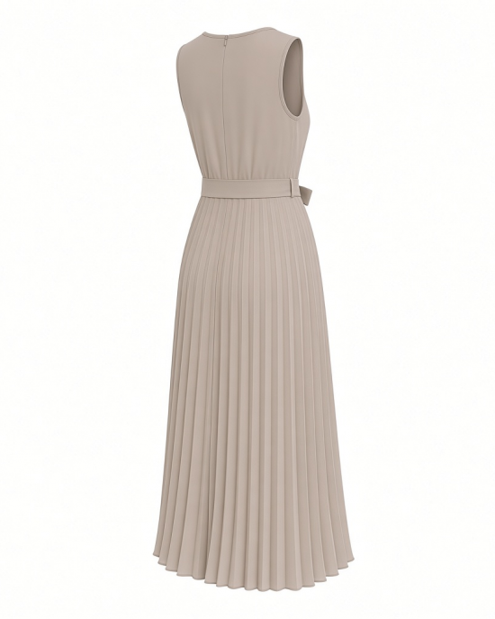 DKNY Women's Sleeveless Jewel Neck Pleated Midi Dress with Removable Belt
