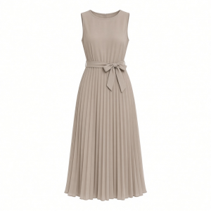 DKNY Women's Sleeveless Jewel Neck Pleated Midi Dress with Removable Belt