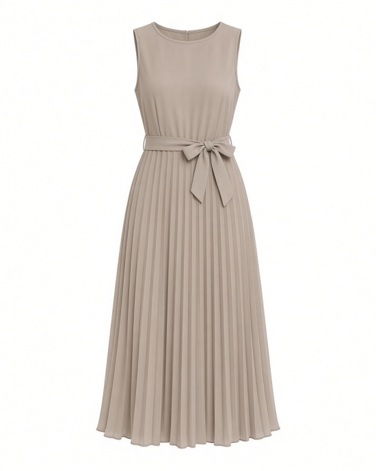 DKNY Women's Sleeveless Jewel Neck Pleated Midi Dress with Removable Belt