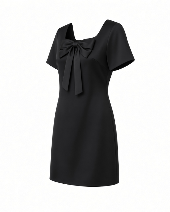 Karl Lagerfeld Women's Short Sleeve Square Neck Bow Embellished Shift Mini Dress