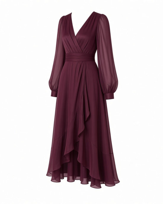 Tommy Hilfiger Women's Long Chiffon Balloon Sleeve Velvet Wrap Midi Dress
