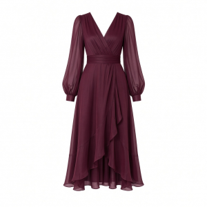 Tommy Hilfiger Women's Long Chiffon Balloon Sleeve Velvet Wrap Midi Dress