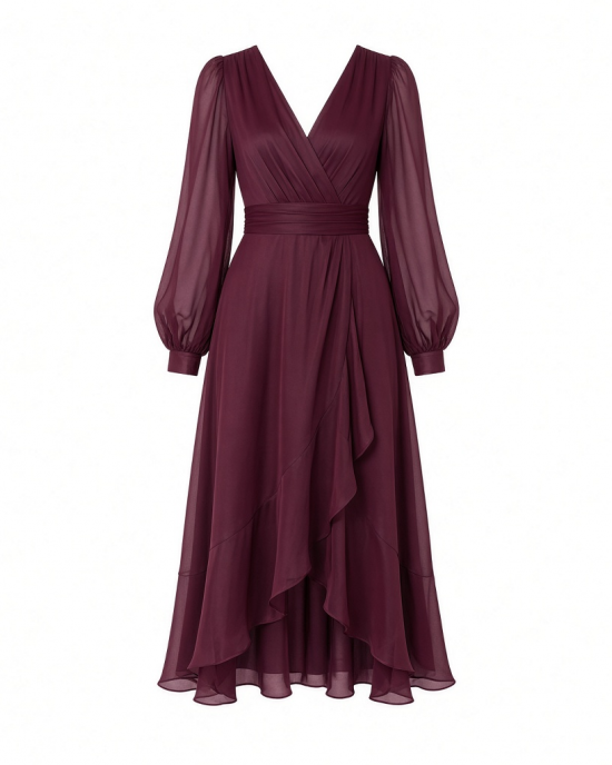 Tommy Hilfiger Women's Long Chiffon Balloon Sleeve Velvet Wrap Midi Dress