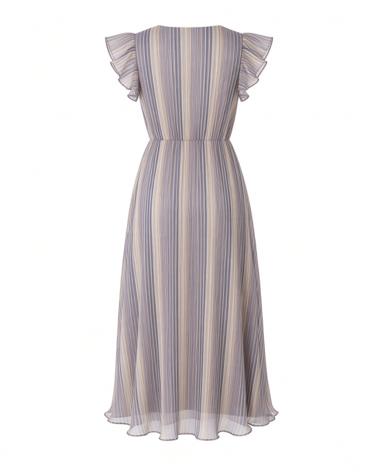 Kensie Women's Short Sleeve V-Neck Printed Lurex Sriped Chiffon Midi Dress