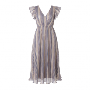 Kensie Women's Short Sleeve V-Neck Printed Lurex Sriped Chiffon Midi Dress