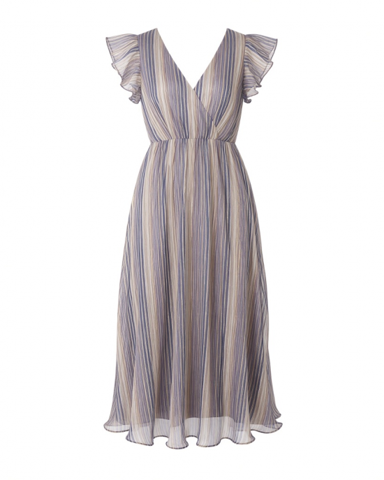 Kensie Women's Short Sleeve V-Neck Printed Lurex Sriped Chiffon Midi Dress