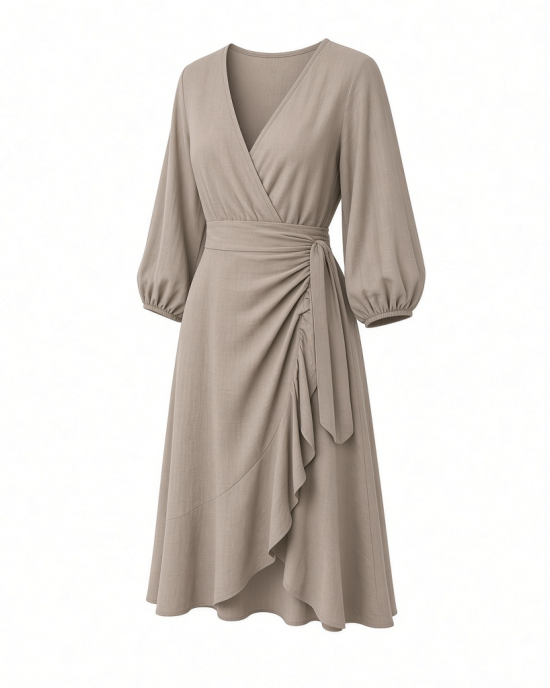 Calvin Klein Women's 3/4 Balloon Sleeve V-Neck Knee Length Faux Wrap Dress