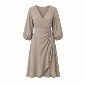 Calvin Klein Women's 3/4 Balloon Sleeve V-Neck Knee Length Faux Wrap Dress