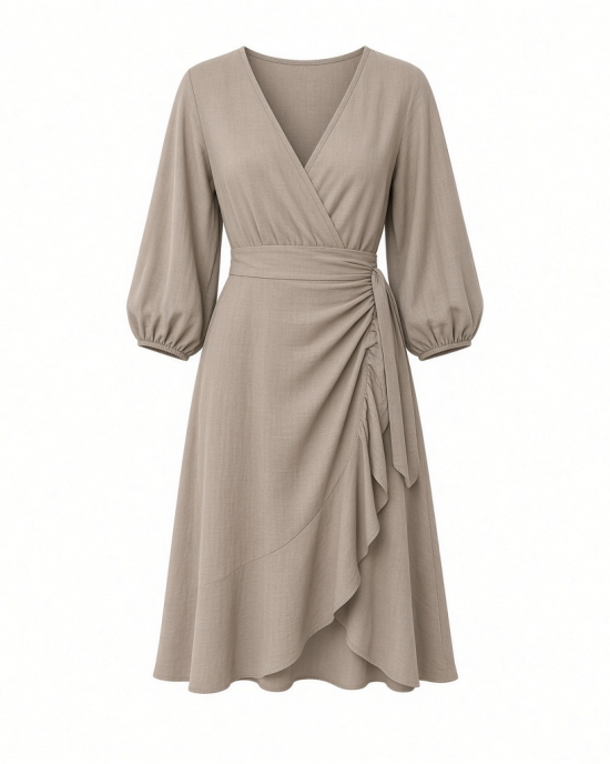 Calvin Klein Women's 3/4 Balloon Sleeve V-Neck Knee Length Faux Wrap Dress