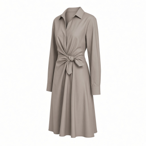 DKNY Women's Long Sleeve Collared Neck Knee Length Knot Front Detail Dress