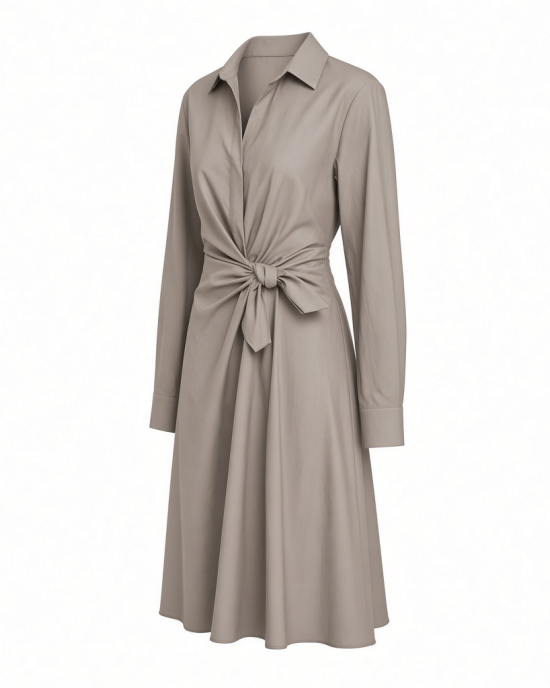 DKNY Women's Long Sleeve Collared Neck Knee Length Knot Front Detail Dress