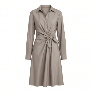 DKNY Women's Long Sleeve Collared Neck Knee Length Knot Front Detail Dress