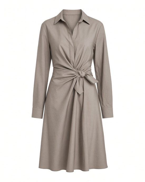 DKNY Women's Long Sleeve Collared Neck Knee Length Knot Front Detail Dress