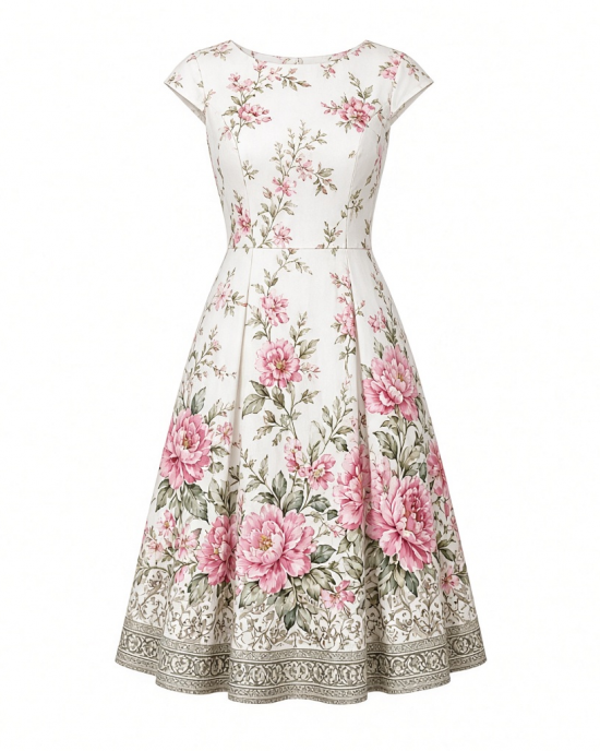 London Times Women's Dresses Floral Border Cap Sleeve Fit & Flare Dress