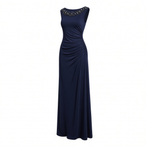 Alex Evenings Women's Long Jersey Dress with Ruched Front and Embellished Neckline (Petite and Regular Sizes)