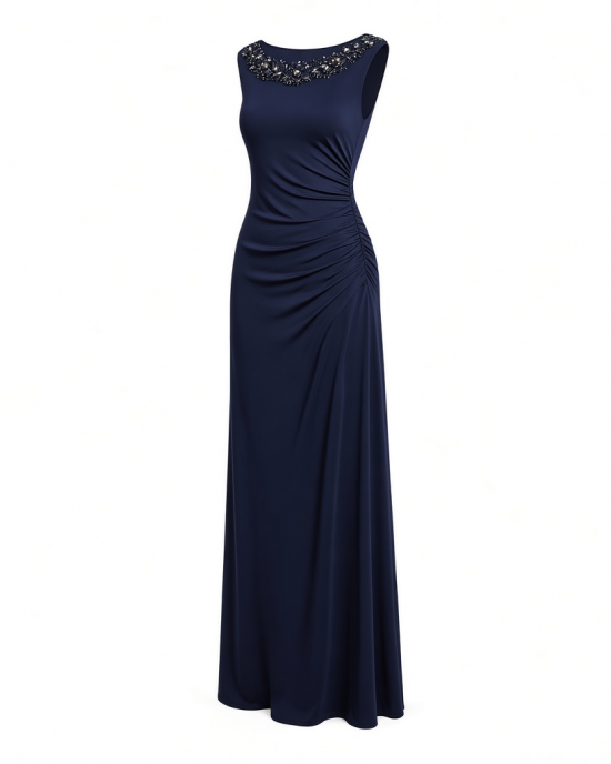 Alex Evenings Women's Long Jersey Dress with Ruched Front and Embellished Neckline (Petite and Regular Sizes)