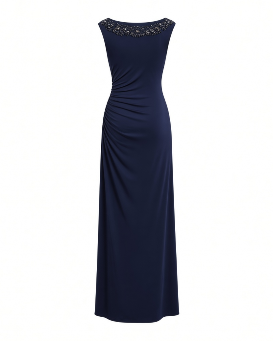 Alex Evenings Women's Long Jersey Dress with Ruched Front and Embellished Neckline (Petite and Regular Sizes)