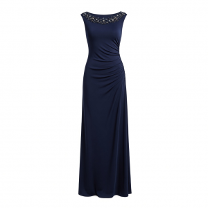 Alex Evenings Women's Long Jersey Dress with Ruched Front and Embellished Neckline (Petite and Regular Sizes)