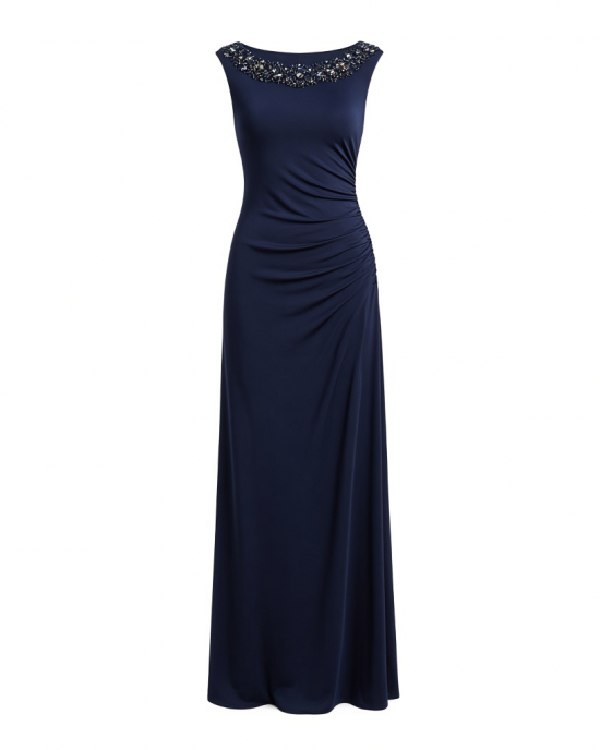 Alex Evenings Women's Long Jersey Dress with Ruched Front and Embellished Neckline (Petite and Regular Sizes)