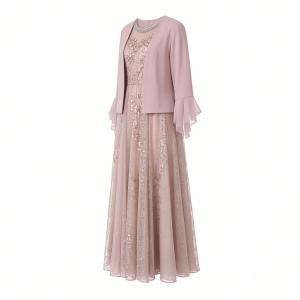 2-Piece Long Floral Glitter Lace Dress W/Beaded Neckline & Matte Chiffon Flyaway 3/4 Sleeve Jacket