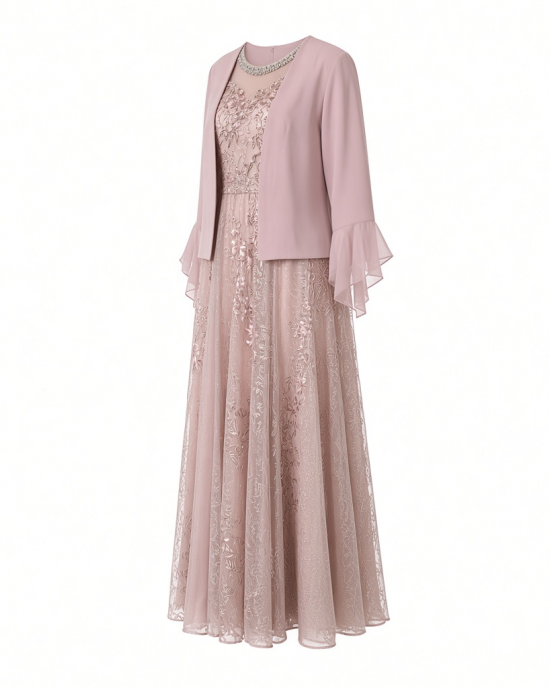 2-Piece Long Floral Glitter Lace Dress W/Beaded Neckline & Matte Chiffon Flyaway 3/4 Sleeve Jacket