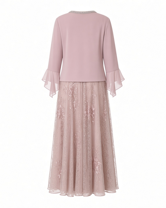2-Piece Long Floral Glitter Lace Dress W/Beaded Neckline & Matte Chiffon Flyaway 3/4 Sleeve Jacket
