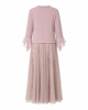 2-Piece Long Floral Glitter Lace Dress W/Beaded Neckline & Matte Chiffon Flyaway 3/4 Sleeve Jacket