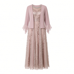 2-Piece Long Floral Glitter Lace Dress W/Beaded Neckline & Matte Chiffon Flyaway 3/4 Sleeve Jacket