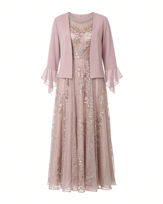 2-Piece Long Floral Glitter Lace Dress W/Beaded Neckline & Matte Chiffon Flyaway 3/4 Sleeve Jacket