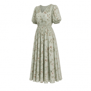 London Times Women's Caterpillar Puff Sleeve Midi Dress - Gathered Waist A-Line Flowy Summer Dress