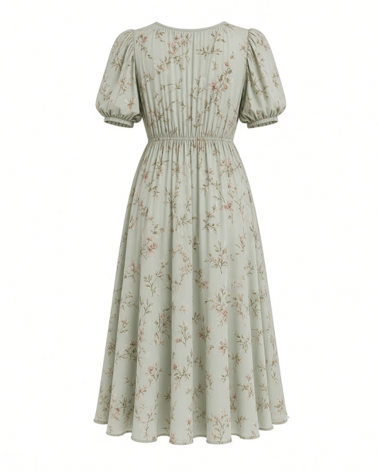 London Times Women's Caterpillar Puff Sleeve Midi Dress - Gathered Waist A-Line Flowy Summer Dress