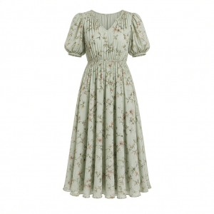 London Times Women's Caterpillar Puff Sleeve Midi Dress - Gathered Waist A-Line Flowy Summer Dress