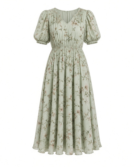 London Times Women's Caterpillar Puff Sleeve Midi Dress - Gathered Waist A-Line Flowy Summer Dress