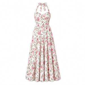 Tommy Hilfiger Women's Sleeveless Floral Halter Neck Tiered Skirt Maxi Dress