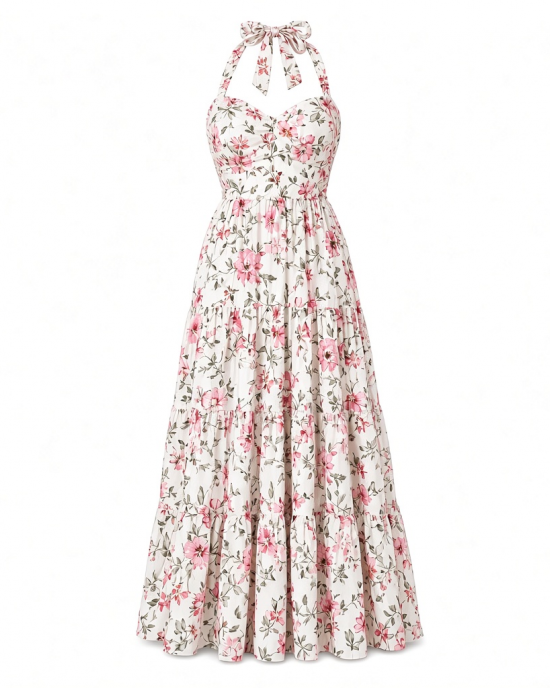 Tommy Hilfiger Women's Sleeveless Floral Halter Neck Tiered Skirt Maxi Dress