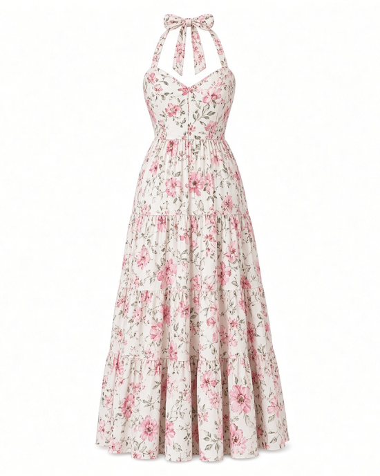 Tommy Hilfiger Women's Sleeveless Floral Halter Neck Tiered Skirt Maxi Dress